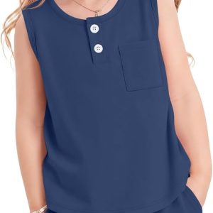 Yooo's Vivi Toddler Girls' 2 Piece Summer Outfits | Henley, Sleeveless Vest, Tank Tops, Elastic Waist Shorts, with Pockets, Casual Basic Set, Summer, School, Daycare, Travel