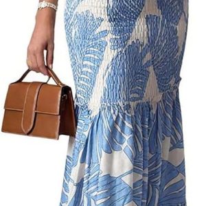 CHICME Floral Vacation Dress Halter Tie Ruched Womens Maxi Dress | Sleeveless Slim Dress, 3-Way Tie: Halter, Bow or Strapless,Ruffle Mermaid Hem for Party,Vacation,Wedding Guest