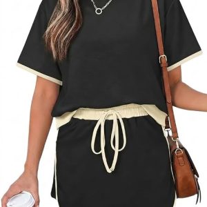 Opemiby Womens 2 Piece Skort Set 2026 Color Block Short Sleeve Top Drawstring Skort Matching Sets Casual Lounge Summer Outfit