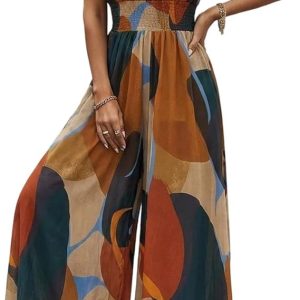 CHICME Women’s Abstract Print Jumpsuit V Neck Vacation Beach Romper | Wide Leg High Waist Backless Cinched,Soft Breathable Fabric,Sleeveless Jumpsuit,Beach Vacation Travel Wear