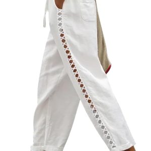 Puimentiua Women's Linen Capri Pants Petite Summer Pants with Drawstring | Beachwear Lightweight Elastic Waist Pants, 4 Pockets, Cut-out Pattern Cotton Trousers