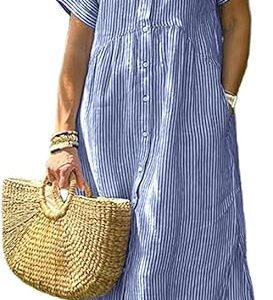 chouyatou Women's Summer Striped Midi Long Shirt Dress Casual Loose Short Sleeve Button Down Dress