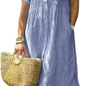 chouyatou Women's Summer Striped Midi Long Shirt Dress Casual Loose Short Sleeve Button Down Dress