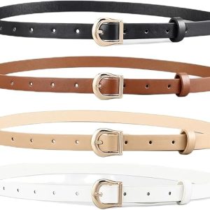 HOTWILL 4 Pack Women Skinny Belts for Jeans Dress Thin Waist Belt | 0.55 in Wide, Black Beige Brown White Faux Leather, Gold Silver Buckle, Fashion Casual Style, Daily Outfits Accessories