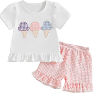 fhutpw Toddler Baby Girls Summer Clothes Smocked Short Sleeve T-Shirt Tops Ruffled Plaid Short Sets Cute Outfits 2Pcs