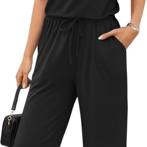 Jumpsuits for Women Summer Casual Round Neck Rompers Vacation Outfits | Rompers for women feature a round neck and pleated front with pockets for casual summer outings and vacation wear
