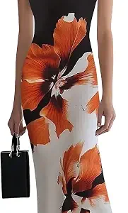 HVT Women's Dress Wedding Guest Party Dresses Floral Print Halter Neck Maxi Dress Sleeveless Bodycon Long Dresses