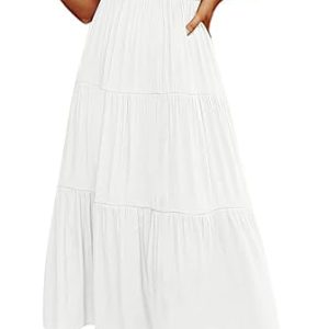 MEROKEETY Women's Summer 2026 Flutter Sleeve Smocked Casual Midi Dress | V Neck, Short Sleeve, A line, Flowy, Tiered, Ruffle, Beach Vacation Holiday Baby Shower Elegant Long Dresses