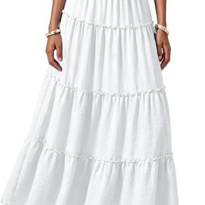 Long Maxi Flowy Skirt for Women Summer Bohemian Outfits | Pleated Ruffle Tiered Skirt,Elastic High Waist A-Line Skirt,Festival Casual Beach & Vacation Wear