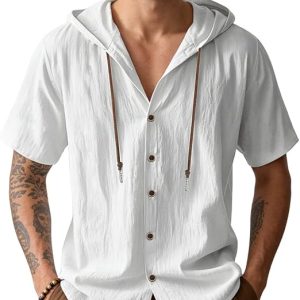 Men's Cotton Linen Shirts Short Sleeve Casual Sweatshirts Button Down Summer Beach Wedding Shirts with Hoodies