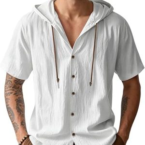 Men's Cotton Linen Shirts Short Sleeve Casual Sweatshirts Button Down Summer Beach Wedding Shirts with Hoodies