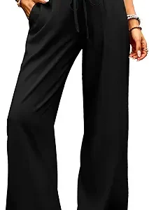ELLEVEN Womens Low Rise Wide Leg Linen Pants，Baggy Flowy Palazzo Trousers | Breathable, Drawstring, Loose Fit, Lightweight Summer Pants, Beach Vacation Clothes, Palazzo Pants for Women Casual