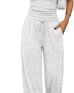 Trendy Queen Women's 2 Piece Matching Summer Lounge Set with Pockets | Vacation Airport Travel Outfits, Workout Gym Clothing Comfy Athleisure Clothes, Side-ruched Top, Drawstring Wide Leg Pants