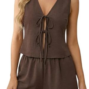 SOLY HUX Women's Summer 2 Piece Outfits Sleeveless V Neck Tie Front Tank Top and Shorts Matching Sets Vacation Outfits