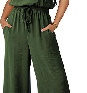 Dokotoo Jumpsuits for Women Lace Cap Sleeve Wide Leg Romper | 2026, Spring, Summer, Crewneck, Drawstring, High Waist, Casual, Fashion, Boho, Solid Color, Patterned, with Pockets