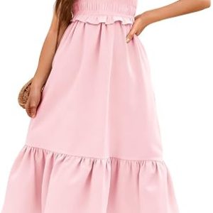 Haloumoning Girls Summer Dress Kids Ruffle Sleeve Square Neck Smocked Dresses Tiered Midi Sundress 5-14Y