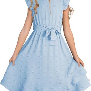 blibean Girls Summer Short Sleeve Swiss Dot Dresses Size 6-15 Years | Cute Polka Dot, Puff Sleeves, Kids Ruffle Belt A-Line, Boho, Casual Party Semi Formal Clothes for Tween Teen Girl