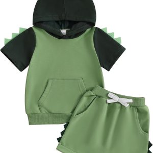 Toddler Baby Boy Hooded Dinosaur Summer Outfit Funny T-Shirt Shorts Set | Infant Baby Boy Dinosaur Clothes Short Sleeve Hooded Funny T-Shirt Short Set Toddler Dinosaur Clothes 6 12 18 Months 2T