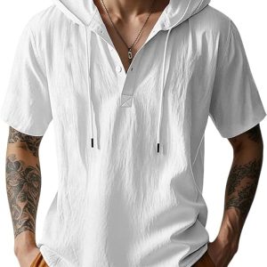 Men's Cotton Linen Shirts Short Sleeve Casual Button Down Hoodies Summer Hawaiian Beach Top with Drawstring
