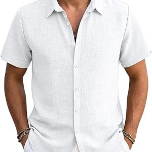 Men's Linen Shirts Casual Lightweight Button Down Shirt Beach Vacation Summer Tops Short Sleeve Stylish Shirt