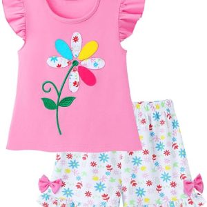 HILEELANG Toddler Girl Summer Easter Outfit Short Sets Cotton Ruffle Sleeve Tops Tees Shorts Clothing Sets