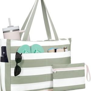 WANDF Sandproof Beach Bags for Women, Pool Tote Bag with Zipper (Green) | Waterproof, 40oz Tumbler Pocket, Front Pockets, For Family Swim Cruise Lake Beach Vacation Essentials