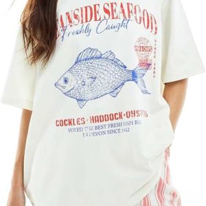 Women Cute Graphic Oversized Tees Fish Sardine Lobster Y2K Baggy T Shirts | Teen Girls Preppy Vintage Aesthetic Summer Tops