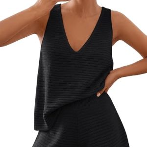 LILLUSORY Women's Summer 2 Piece Vacation Sets Beach Outfits | Breathable,Soft Material,Crochet,Matching Co ord Sets,Knitted,Cute Pajamas,V neck Tank,Short