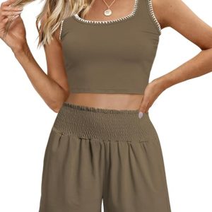 Cakulo Womens 2 Piece Sets Summer Outfits Shorts Set Lounge Matching 2026 Crop Tank Top High Waisted Shorts Casual Loungwear