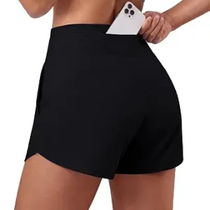 BMJL Athletic Shorts for Women 3" High Waisted with Pockets | stretchy and non-see-through fabric, sweat wicking, zipper pocket back, wide elastic waistband, side split, curved line back