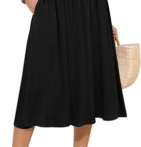 MLXSJ Women's Midi Skirt Summer Flowy Casual Skirts with Pockets S-3XL | Elastic High Waisted
