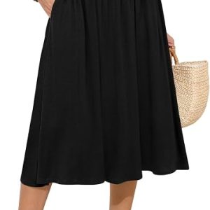MLXSJ Women's Midi Skirt Summer Flowy Casual Skirts with Pockets S-3XL | Elastic High Waisted