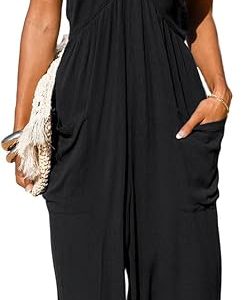 CUPSHE Women Summer Maxi Jumpsuit Halter Beach Resort Wear | Sleeveless, Pockets, Lightweight, Self Tie Smocked Back, Vacation Outfits, Long Pants Romper One Piece, Holiday Travel