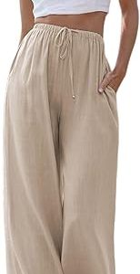 Faleave Women's Cotton Linen Summer Palazzo Pants Flowy Wide Leg Beach Trousers with Pockets
