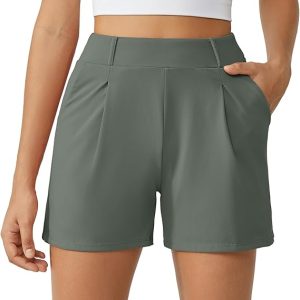 G4Free EverGoing Dressy Casual Shorts for Women Pleated with Pockets 4" | High Elastic Waist, Belt Loops, Two Side Pockets, All-Day Comfort, Ideal for Workout or Casual