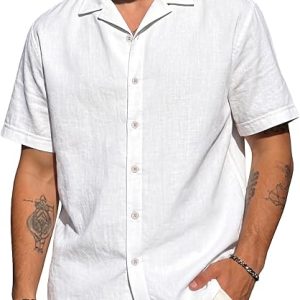 Mens Cotton Linen Shirt Casual Lightweight Button Down Shirt Short Sleeve Summer Beach Vacation Tops
