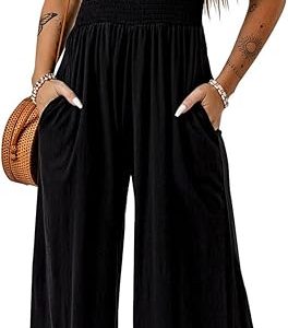 Dokotoo Women's Casual Jumpsuits One Piece Sleeveless Wide Leg Rompers | Solid Color Stretchy Jumpsuit, Sleeveless Wide Leg Jumpsuits for Women, Smocked Outfits, Loose Fit Casual Long Pant