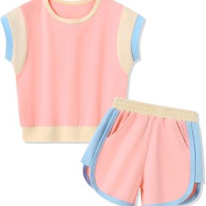 SANMIO Toddler Girl Clothes Summer Girls Outfits 2 Piece Clothing Set | Color Block Short Sleeve Tops and Shorts Toddler Sweatsuit Fashion Clothing Casual Sets