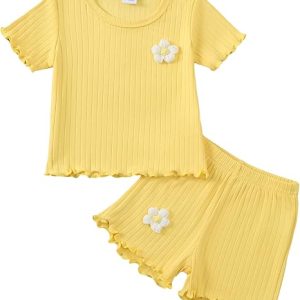 Mioglrie Toddler Baby Girl Summer Clothes Girls Outfits Shorts Clothing Set | 6 12 18 24 Month 2T 3T 4T,Short Sleeve,Solid Color,3D Flower,Soft,Light Weight,Cool for Summer,Daily,Sports,Casual