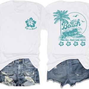 KEEVICI Hawaiian Beach T Shirts for Women Hibiscus Flower Palm Tree Shirt Tropical Graphic Tees Summer Beachy Vacation Tops