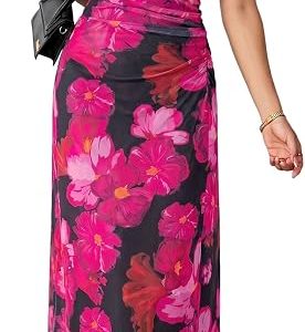 BLENCOT Women's Floral Off Shoulder Wedding Guest Dress Party Gown | Elegant Mesh Bodycon Maxi Dress,Short Sleeve Ruched Waist Slimming Fitted Summer Fall Dress for Cocktail Party,Date Night
