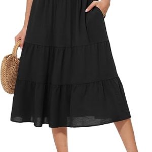 Women's Summer Midi Tiered Flowy High Waist A-Line Casual Skirts | built-in side pockets,Elastic Ruffle，flattering tiered ruffle design,lightweight breathable fabric
