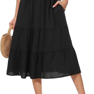 Women's Summer Midi Tiered Flowy High Waist A-Line Casual Skirts | built-in side pockets,Elastic Ruffle，flattering tiered ruffle design,lightweight breathable fabric