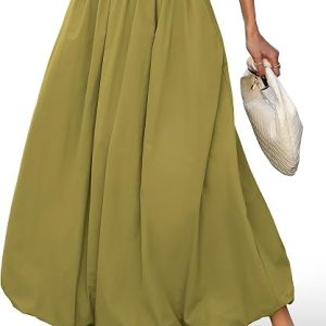 ELLEVEN Women's Bubble Maxi Skirt, Elastic Waist Puffy Hem A-Line Skirts | Flowy Long Ruffle Skirts for Women, Bubble Maxi Skirt with Pockets,Y2k Skirt, Womens Casual Dress,Cute Summer Fashion Outfits