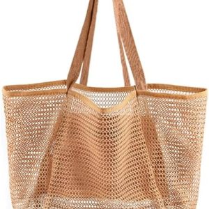 HOHOM Beach Bags for Women, Summer Travel Mesh Tote Bag with Large Inner Pocket, Sandproof Woven Shoulder Handbag
