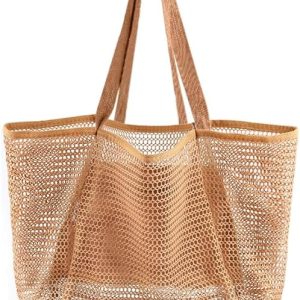 HOHOM Beach Bags for Women, Summer Travel Mesh Tote Bag with Large Inner Pocket, Sandproof Woven Shoulder Handbag