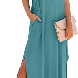 RUMIA Summer Maxi Dresses for Women Cap Sleeve Long Sundress with Pockets | Casual Tshirt Dress- Vacation Outfits