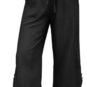 Bsubseach Womens Cotton Linen Pants Summer Capri Pants Comfy Lounge Pants | Lightweight Cropped Wide Leg Pants for Women, Curved Hem with Decorative Buttons, Side Pockets for Daily Outing, Vacation