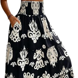 CHICME Women's Boho Floral Summer Maxi Skirt with Pockets Vacation Outfit | Shirred High Waist, Ruffle Hem, Lightweight Comfortable Fabric, A-Line Long Flowy Skirt for Beach, Travel & Daily Wear