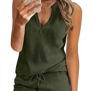 Ekouaer Women's Two Piece Short Sets Summer Casual Lounge Vacation Outfits | Waffle Knit Matching Outfit,Sleeveless Loungewear with Pocket,Tank Top Beach Cruise Outfits for Casual,Airport